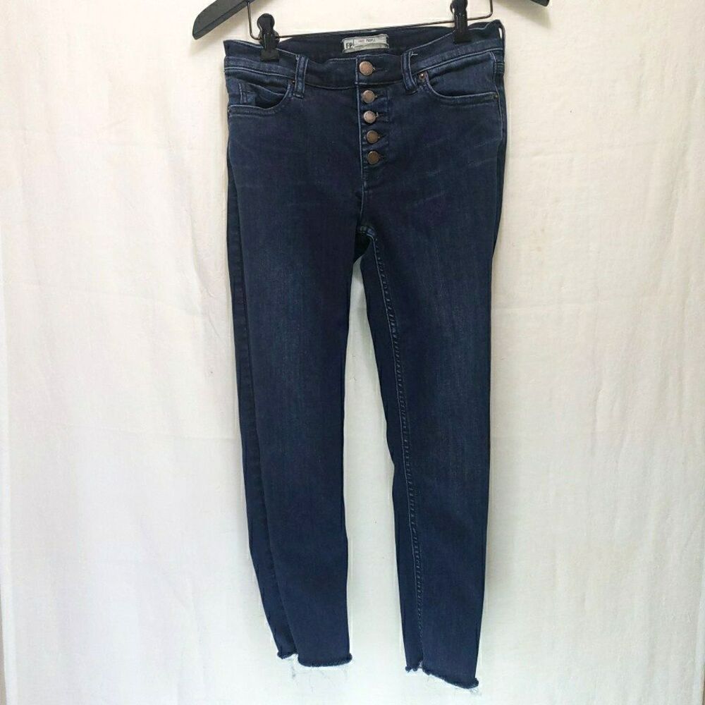Free People Reagan Skinny Jeans 27 Dark Wash Exposed Button Fly Raw Hem Stretch